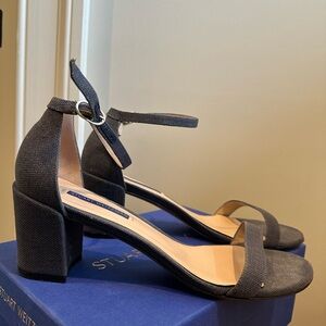 Stuart Weitzman Denim Hague Blue Oil Canvas Block Heel Sandals